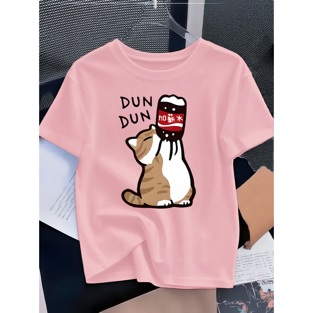 Camiseta Infantil de Manga Curta de Verão com Estampa de Gatinho - Decote Redondo Roupa Casual de Verão, Estampa de Gato