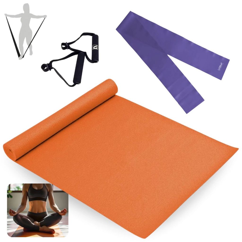 Kit Colchonete para Yoga Pilates Laranja 1,73m + Par de Pegador + Faixa Elástica Tensão Média Treino