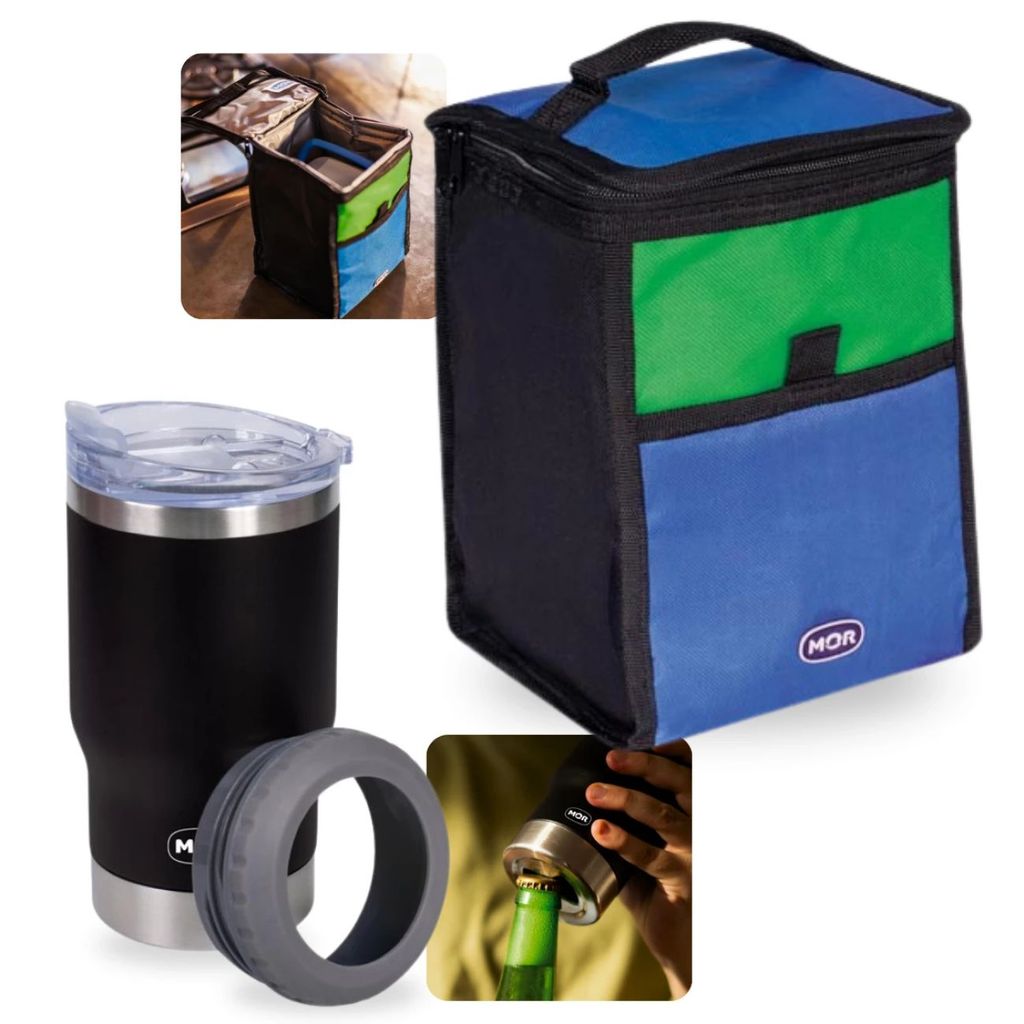 Kit Copo Térmico 5 em 1 420ml Preto com Abridor + Bolsa Térmica 5l Camping Pesca Passeio