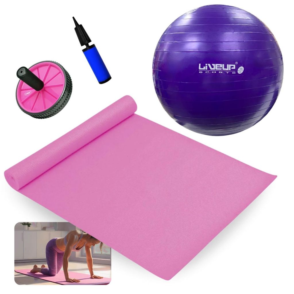 Kit Treino Bola Suíça 55 Cm + Colchonete Eva Pilates / Yoga + Roda Abdominal Rosa + Mini Bomba