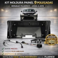 Kit Moldura Painel 9 Pol Fluence 2008 a 2015 2 Din Preto Chicote Som Plug Antena