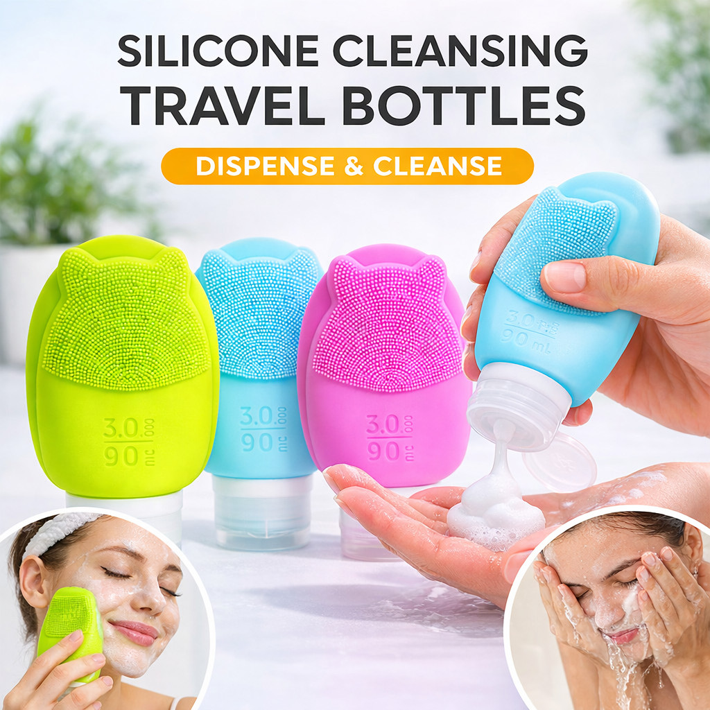 Kit 4 Frascos de Silicone 90ml para Viagem com Escova Facial – Recipiente Portátil para Shampoo, Creme, Loção e Sabonete