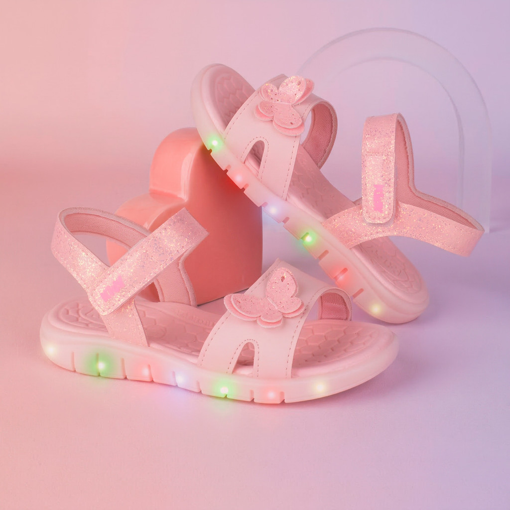 Sandália Papete Infantil Menina Kidy Wave Light Nude Com Luz Led Pisca Pisca Colorido Confortável