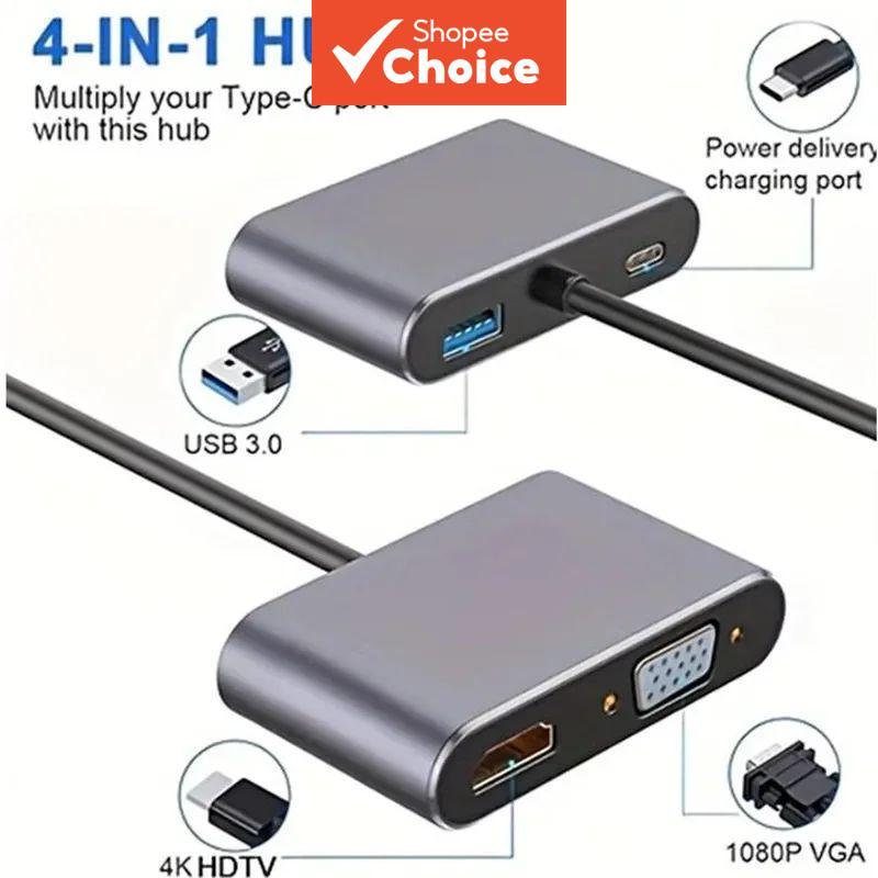 4 em 1 Tipo C para VGA USB HUB HD com Adaptador de Porta Digital AV PD e Carregador Compatível com PC e Laptop