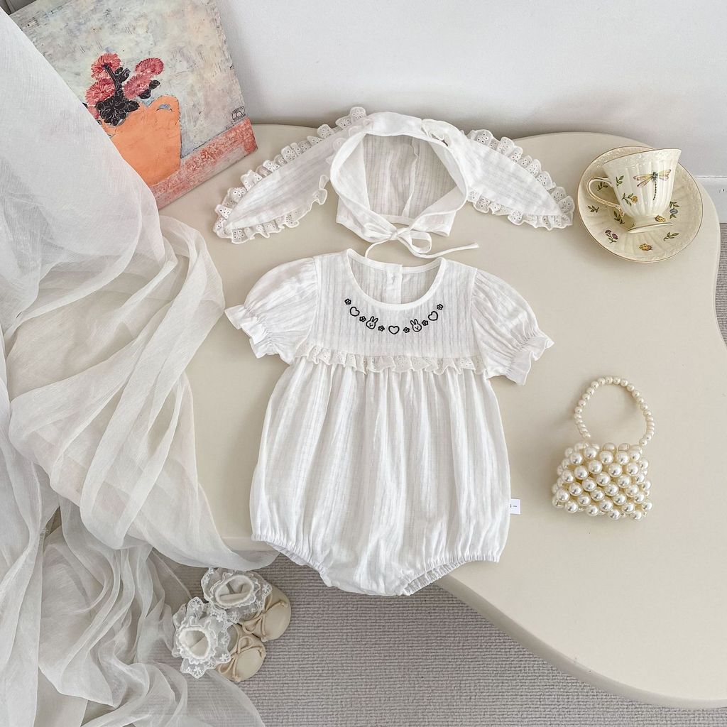 Verão roupas de bebê fino manga curta triângulo macacão bebê menina Super bonito coelho bordado roupas de bebê capuz liv