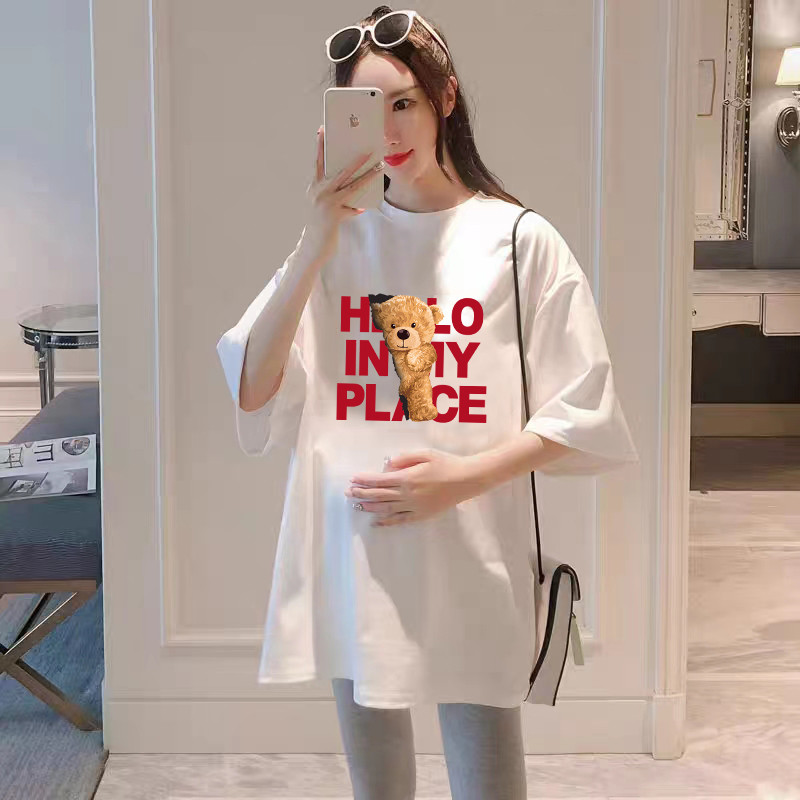 Vestido de verão para maternidade, comprimento médio, moda estilo fino, Casual, desenho animado, manga curta, camiseta f