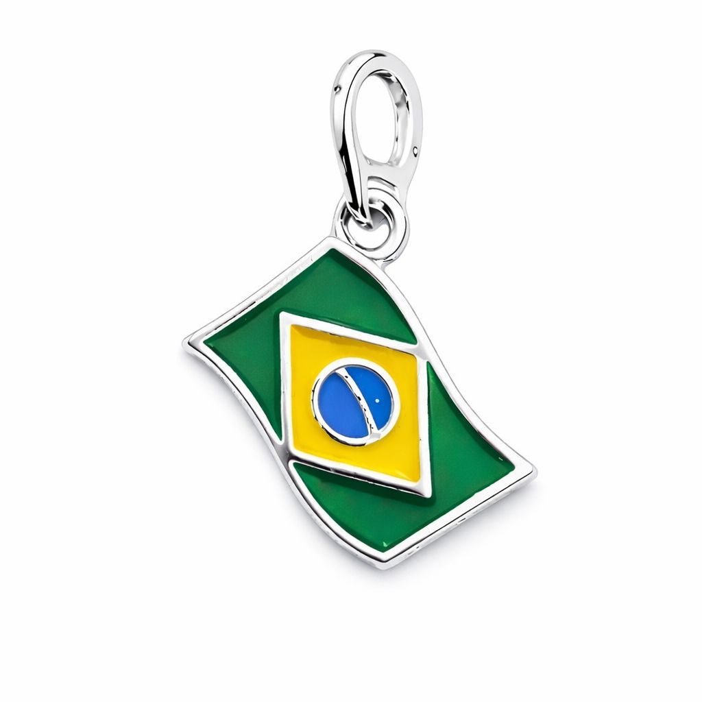 Pingente Bandeira do Brasil Prata 925 Resinado Copa do Mundo Torcida Seleção Brasileira Berloque Charm