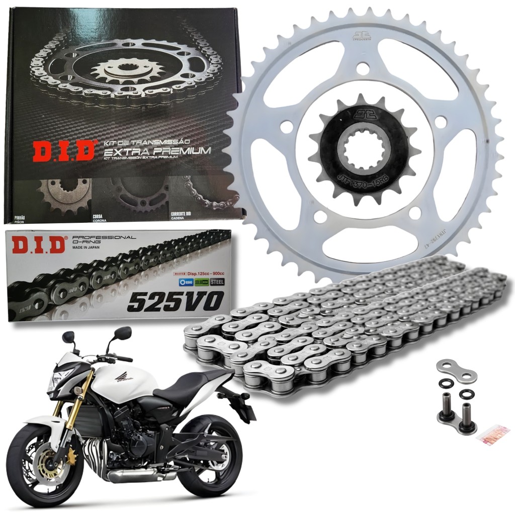 KIT RELAÇÃO TRANSMISSÃO DID EXTRA PREMIUM COM RETENTOR HONDA CB600F HORNET 2008 - 2014 43D/16T