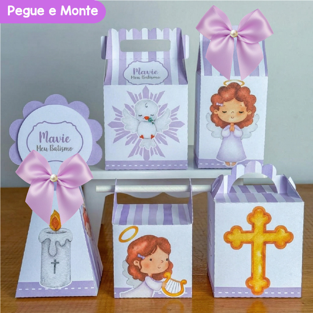 Kit Festa Batizado Lilás Batismo Menina | Personalizados | Lembrancinhas | Caixinhas | (Pegue e Monte)