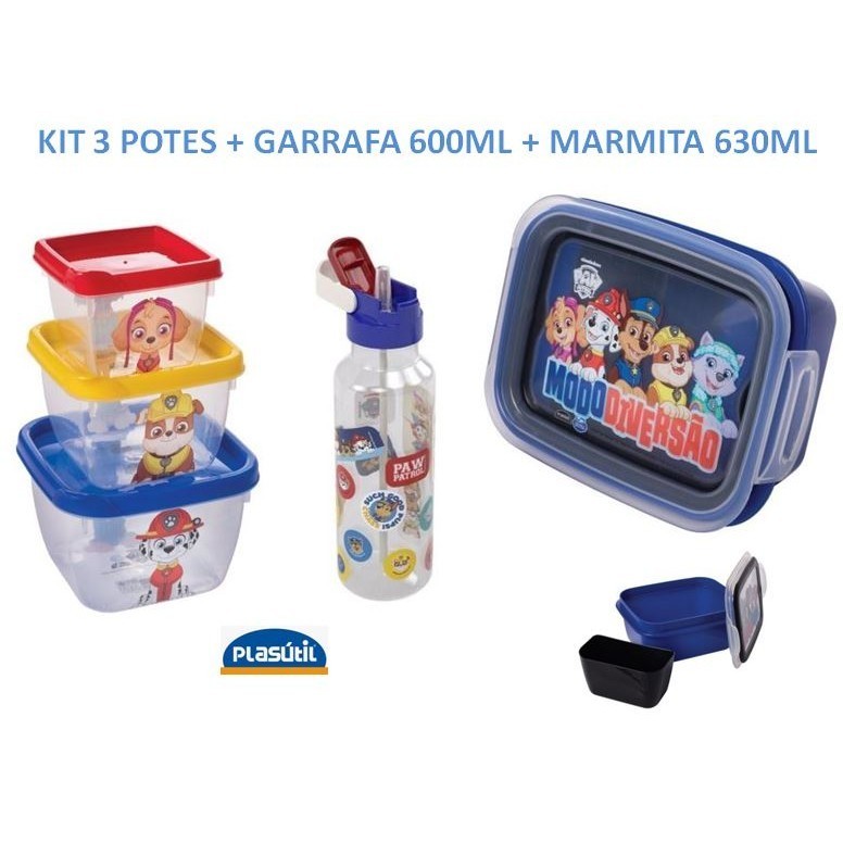 Kit Garrafa com canudo 600ml 3 Potes Marmita 630ml Plasútil Infantil Lanche Escolar Patrulha Canina