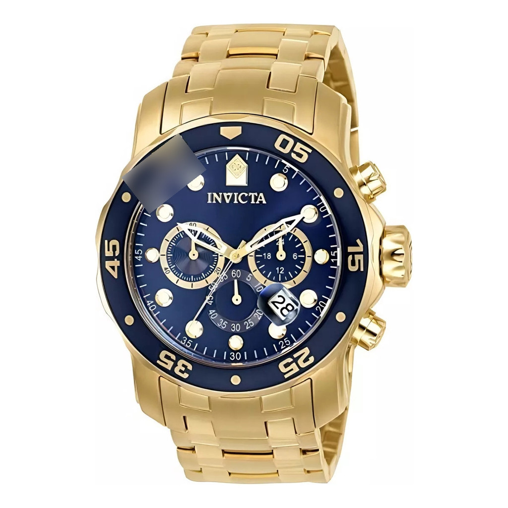 Relogio Invicta Pro Diver Scuba 0073 Gold Azul 18k Correia Dourado Bisel Azul-escuro Fundo Azul-escuro