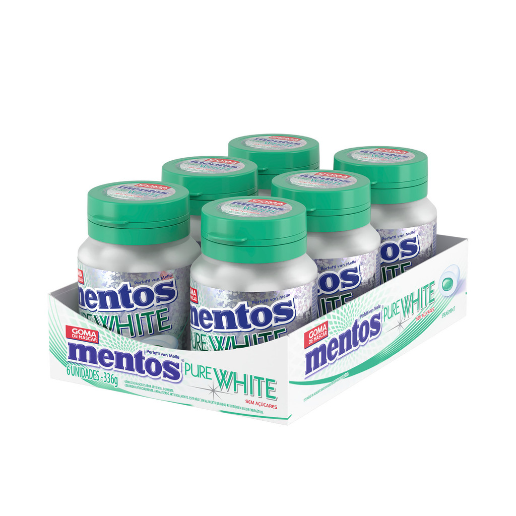 Gomas de Mascar, Sem Açúcar, Sabor de Hortelã, Display, Mentos, Pure White Spearmint - 336 g | 6 Unidades