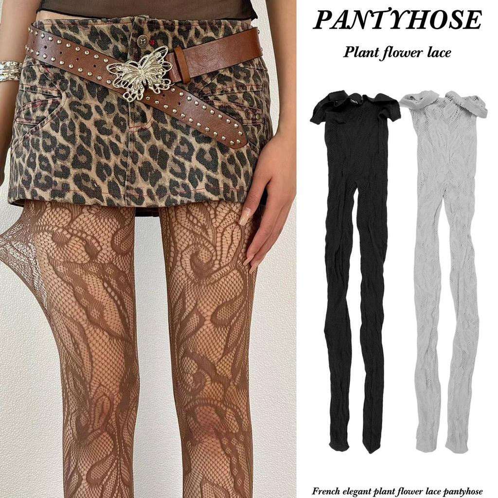 Meia-Calça De Renda Floral Elegante Estilo Francês – Meias Ocas Irregulares Sexy Alta Elástica Y2K Lolita JK