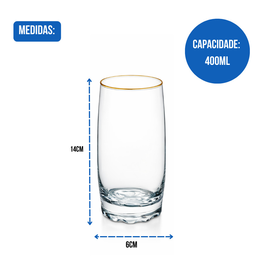 Jogo 6 Copos Borda Dourada em Vidro 400ml Água Suco - Albany — imagem 2 de 2