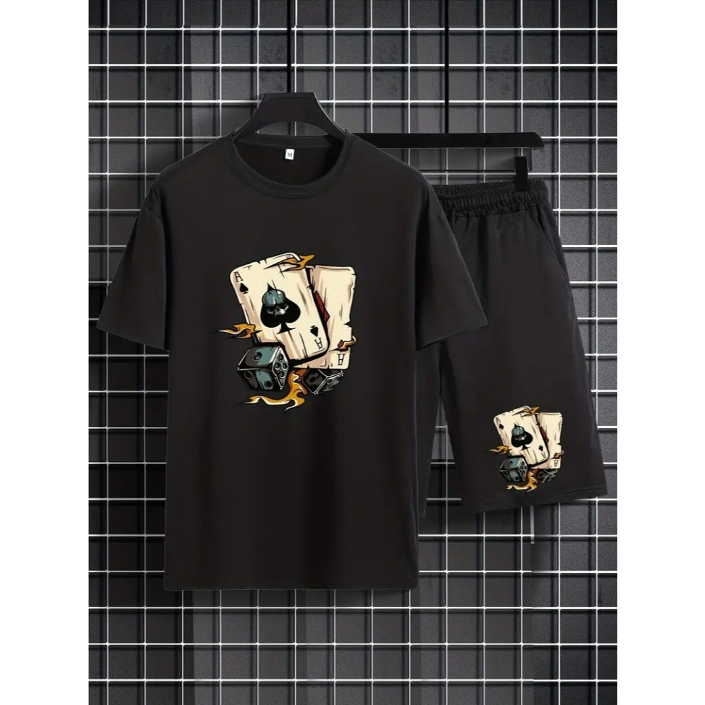 CONJUNTO MASCULINO SHORT TECTEL E CAMISETA BASICA ESTAMPA CARTA BARALHO