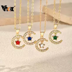 Vnox 18k Ouro Plantado Lua Estrela Zircão Colar Para Mulheres Menina , Festa De Aniversário De Aço Inoxidável Jóias Pres