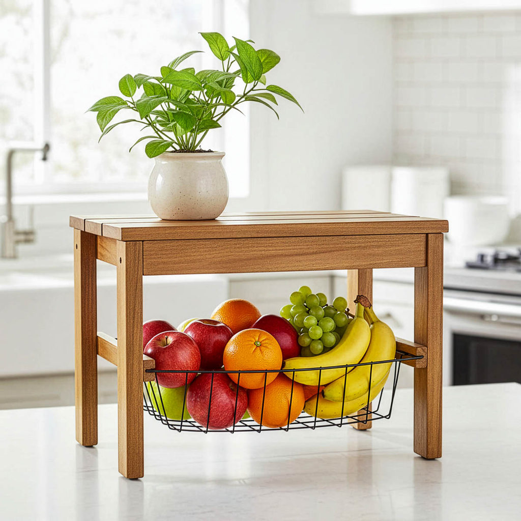 Fruteira Compacta de Madeira Maciça Pinus Mini Com Cesto Aramado Removível De Aço Bancada Mesa