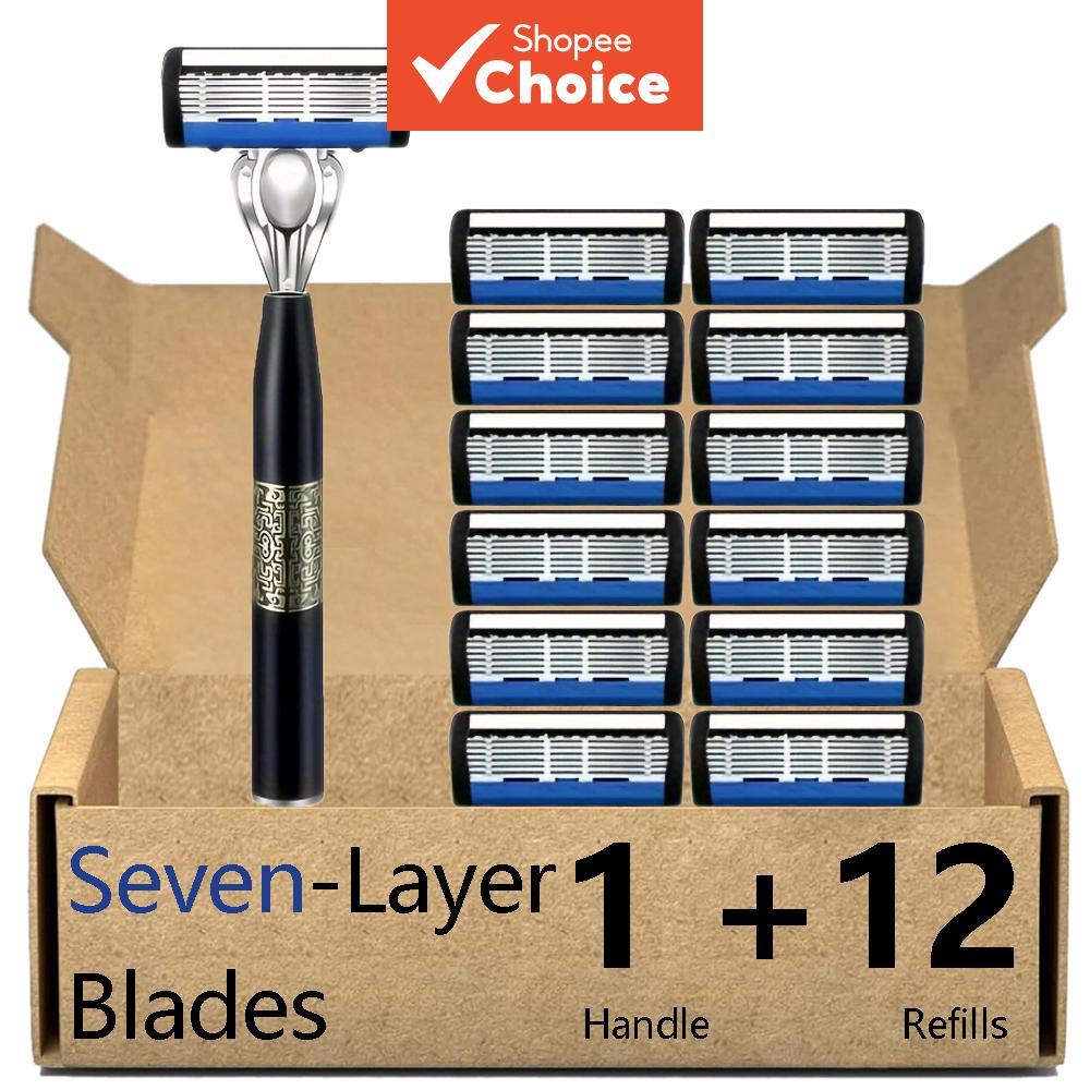Conjunto de barbear masculino, 1 cabo + 12 lâminas, aparelho de barbear manual de 7 camadas, recargas de lâminas de
