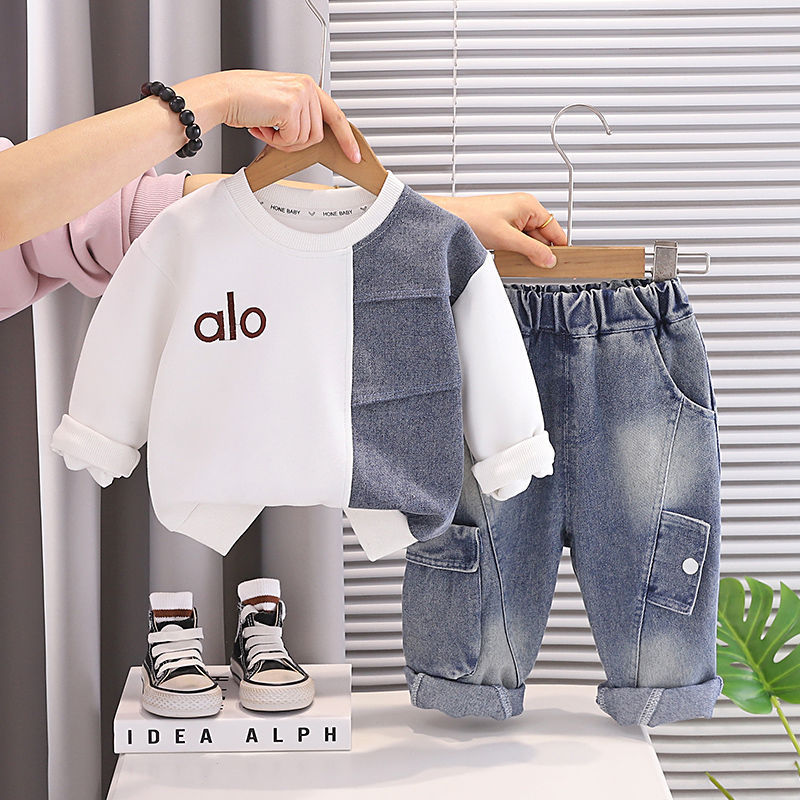 Nova Primavera Roupas Infantis Do Bebê Meninos Retalhos Denim Camiseta Jeans 2 Pçs/Set Casual Criança Crianças Traje 0-5