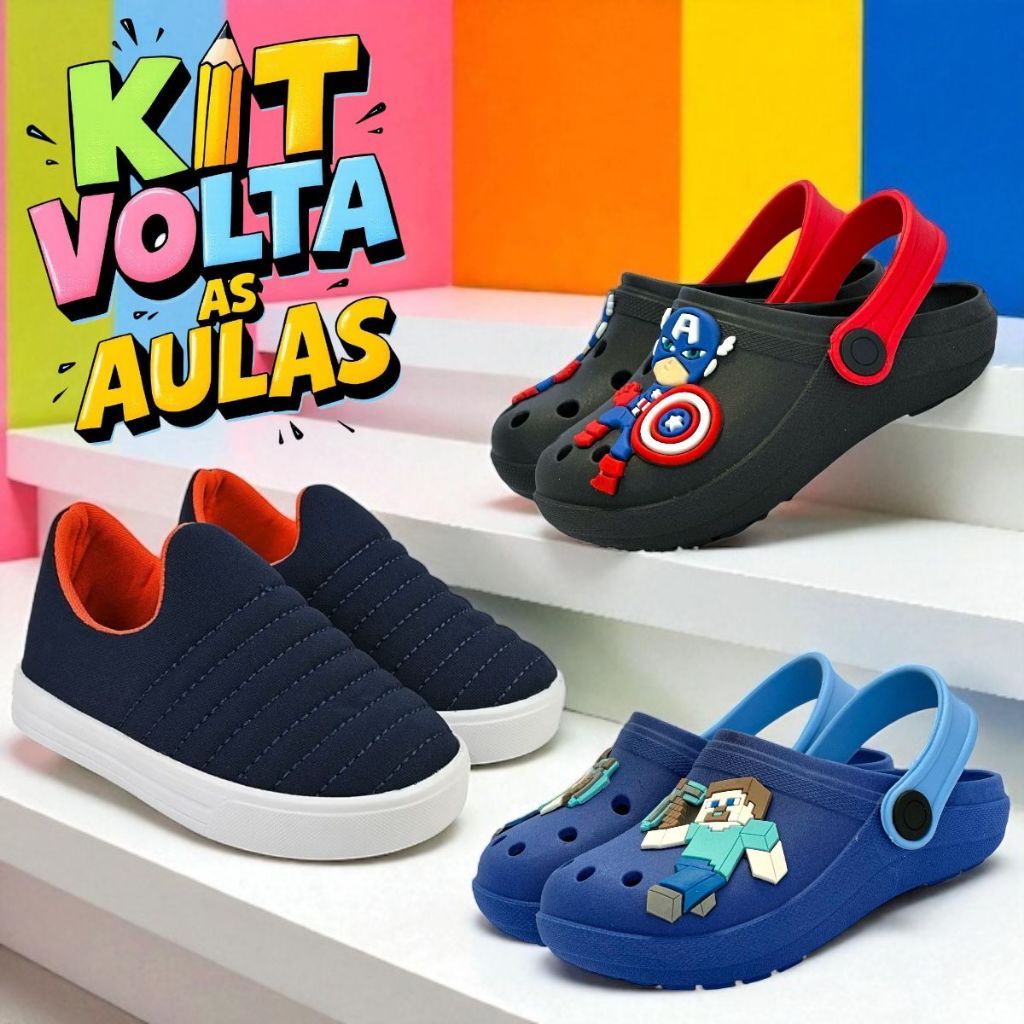 KIT VOLTA AS AULAS , SANDALIA BABUCHE E TENIS CALCE FACIL PARA MENINOS em Oferta na Shopee