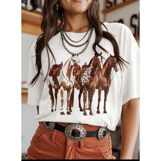Camisa Feminina Country com estampa de cavalos Malha Algodão em Oferta na Shopee
