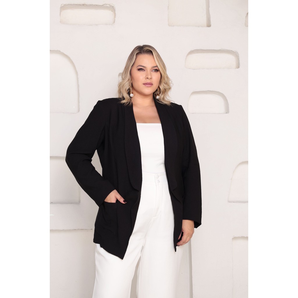 Blazer Plus Size Preto Feminino Alongado Alfaiataria 46-56 | Blazer Sem Botão Trabalho Com Bolso