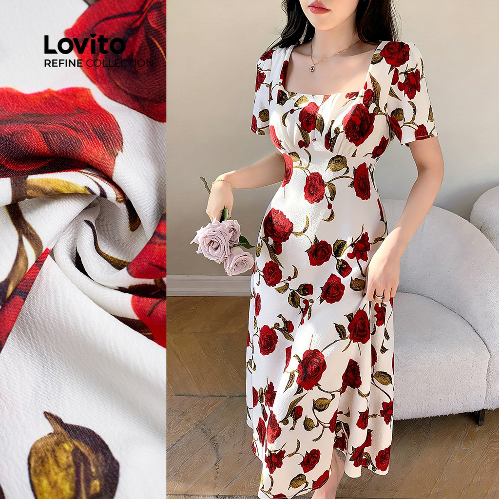 (Lovito Refine)  Vestido de Primavera/verão com Flores Românticas Estrutura com Zíper para Mulheres LR29E030