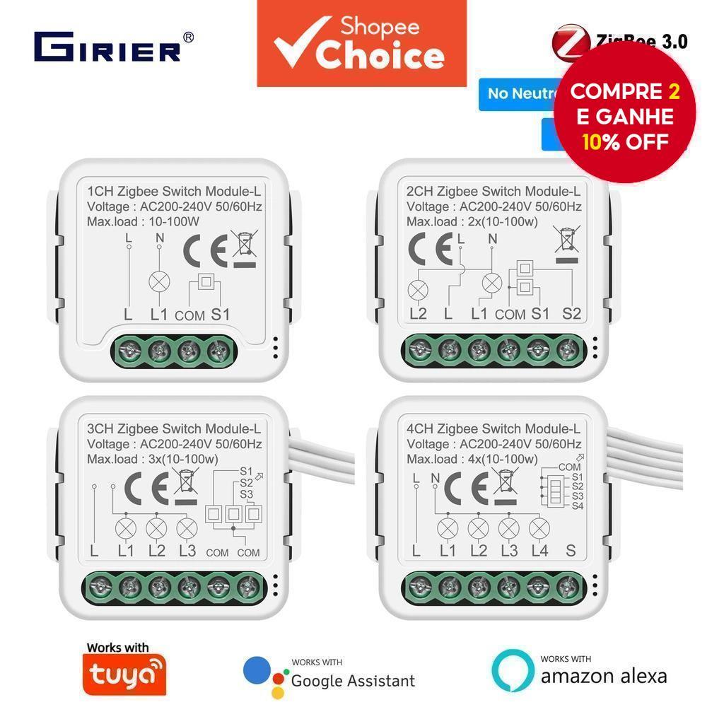 Módulo De Interruptor Inteligente GIRIER Tuya ZigBee 3.0 , Sem Necessidade De Fio Neutro , 1/2/3/4 Gang , Relés De Disju