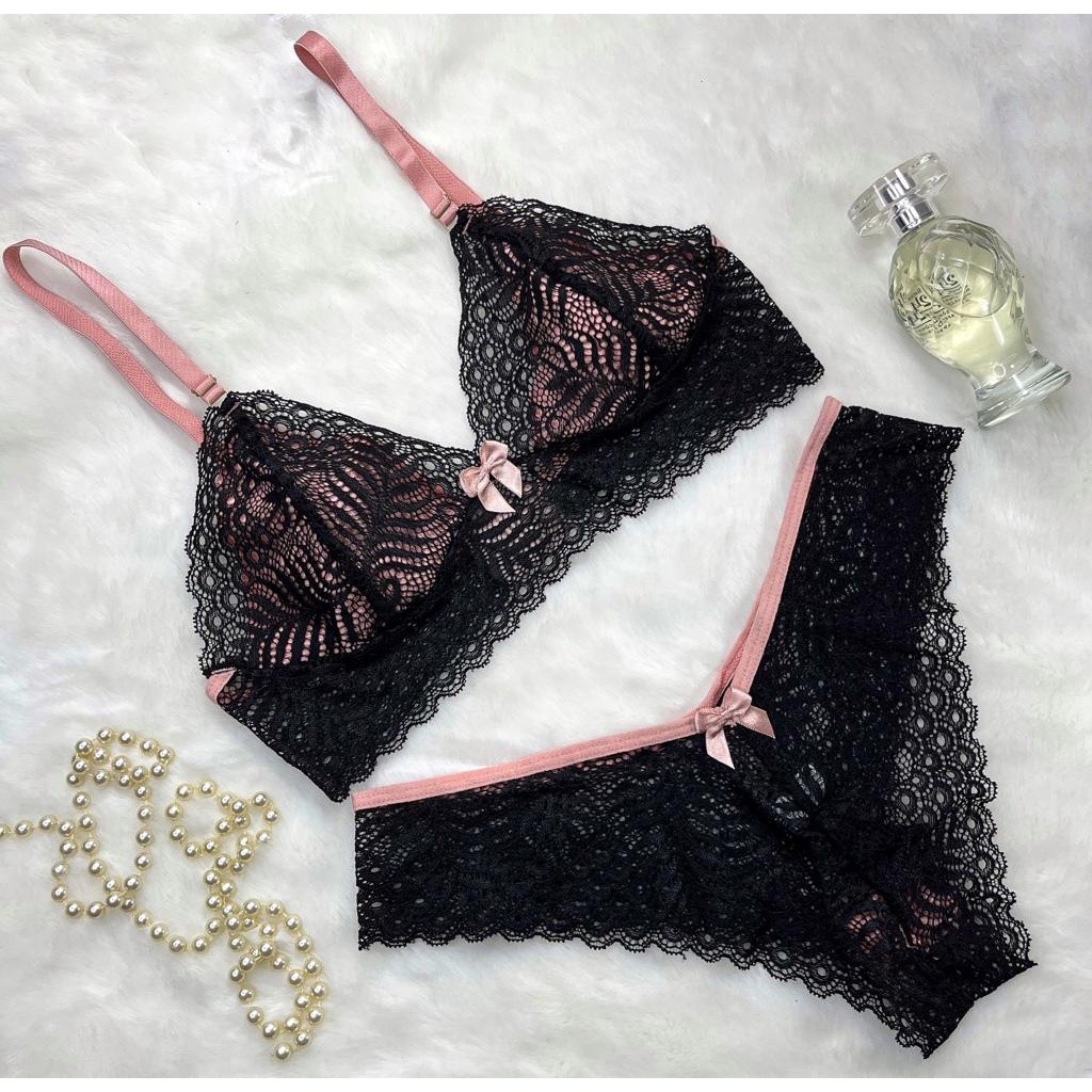 Conjunto De Lingerie Calcinha e Sutiã Sem Bojo Renda Diversas Cores (Bicolor)