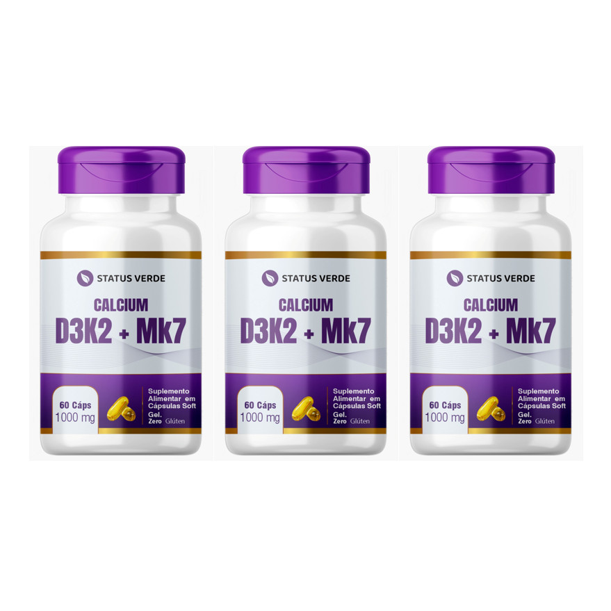 KIT 3 D3+K2 + MK7 Cálcio e Magnésio 180 Cápsulas 1000mg - Status Verde