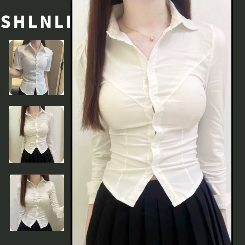 Primavera Outono Fino Manga Longa JK Uniforme Camisa Feminina Cintura Coreana Cinching Simples Versátil Topo