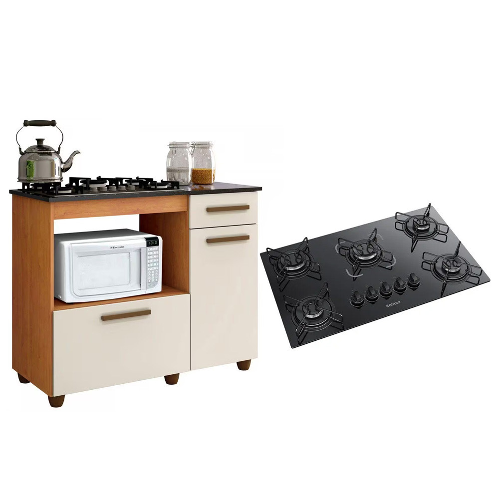 Kit Balcão Para Cooktop Cozinha Kaiki Violeta Nature/Off White com Fogão Cooktop 5 Bocas Itatiaia em Oferta na Shopee