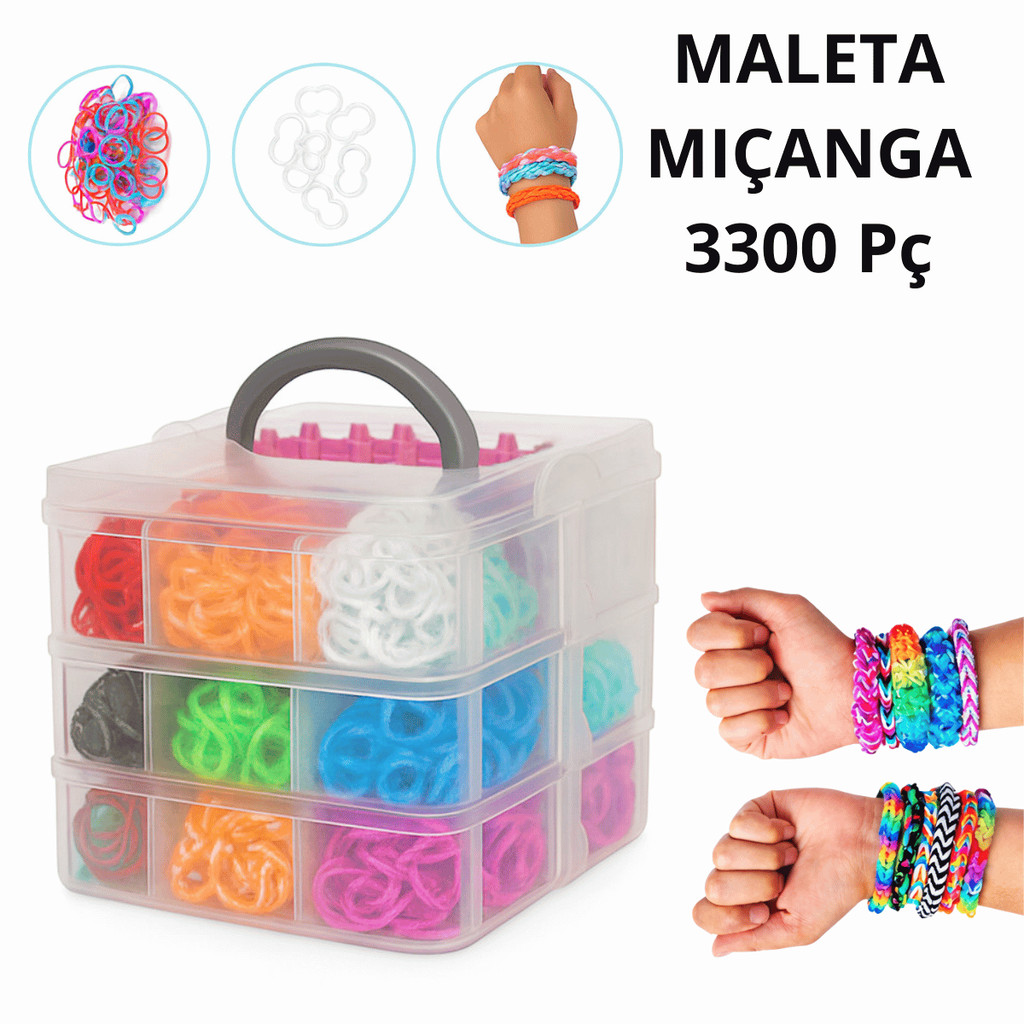 Kit Maleta Pulseira Fábrica Elásticos Silicone Loom Band Miçangas 3300 pçs em Oferta na Shopee