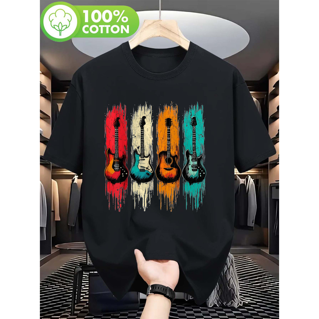 Camiseta Streetwear Camiseta Masculina Guitarra Retrô Banda Vintage Splash Cor Vibrante Estampada Estilosa Confortável C