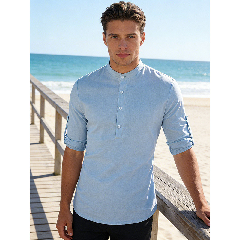 Camisa De Linho Masculina Manga Comprida Slim Fit Gola Padre em Oferta na Shopee