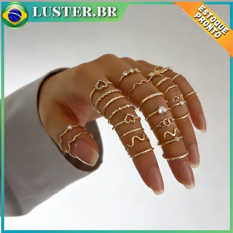Conjunto de 28 peças de anéis simples e finos ondulados, anéis geométricos de coração, acessórios femininos