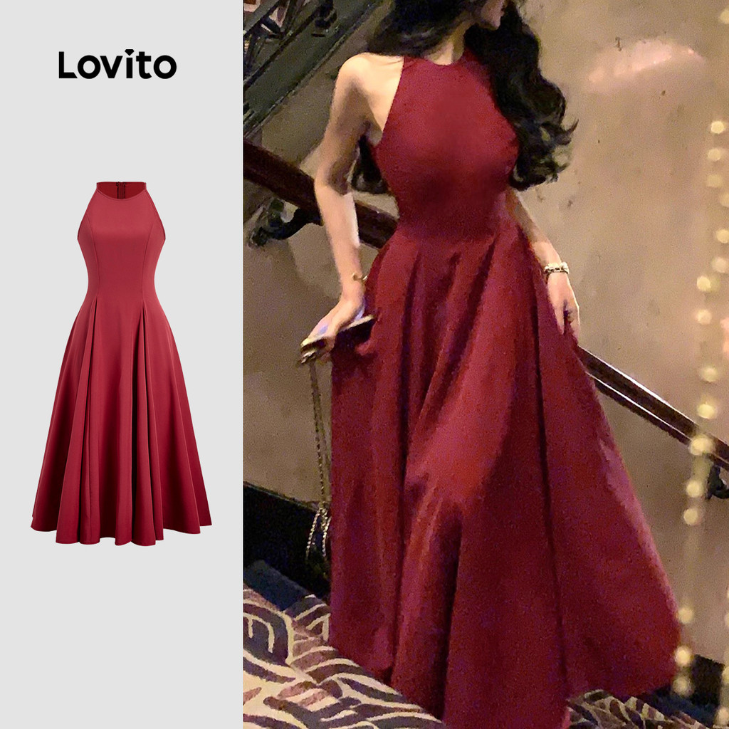 Lovito Vestido Elegante De Corte Estruturado Dia a Dia Na Cor Vinho Para Mulheres Primavera/verão L150ED347 em Oferta na Shopee