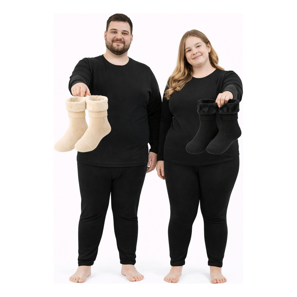 Roupa Térmica Plus Size Neve Peluciado Pijama Agasalho+meia SEGUNDA PELE CAMISA LONGA FLANELADA COM LEGGING CALÇA TERMIC