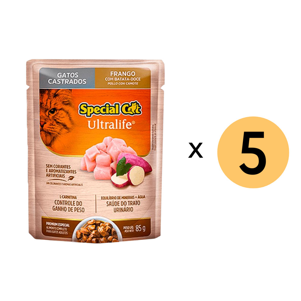 Kit 5 Ração Special Cat Sachê Gatos Castrados Frango 85G em Oferta na Shopee