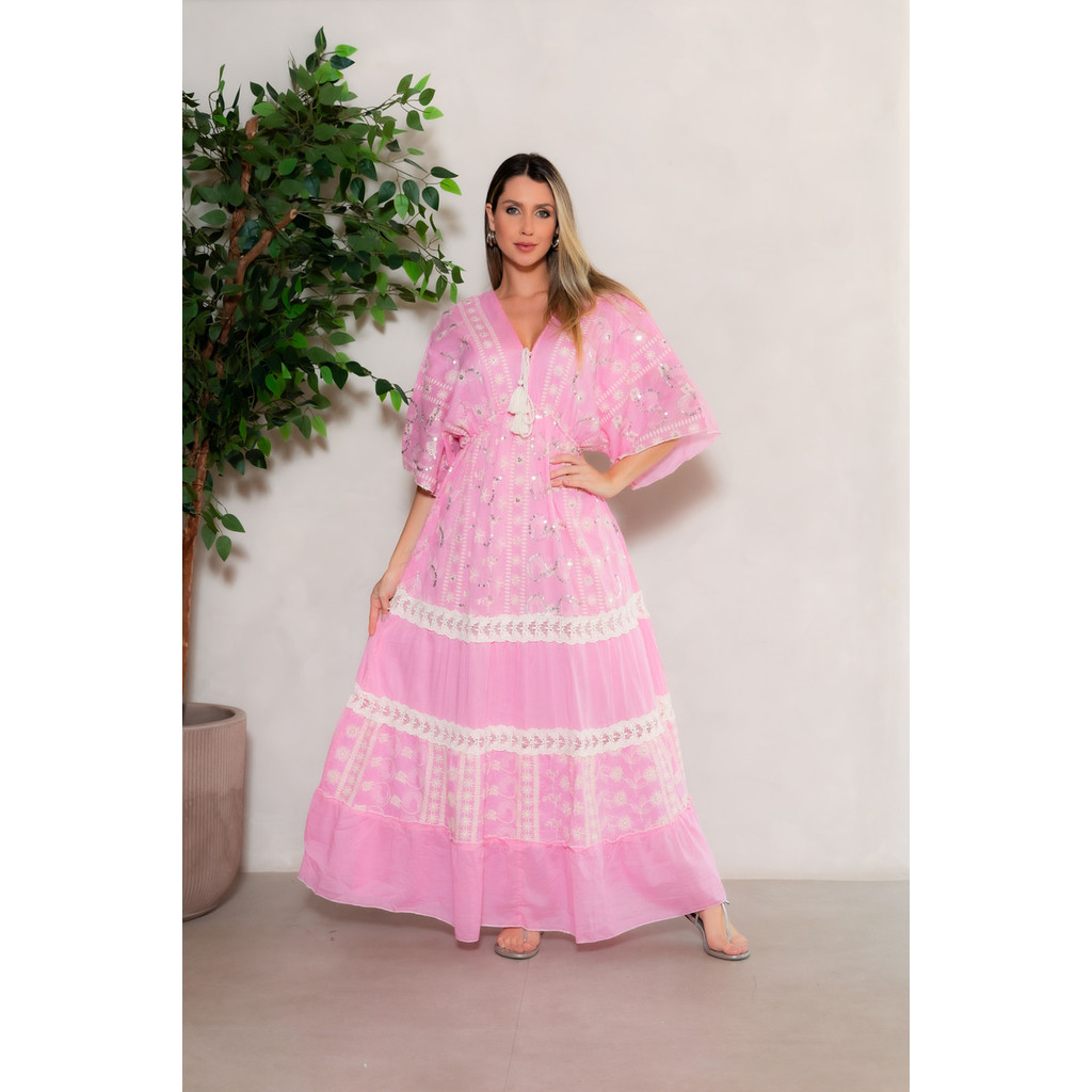 Vestido Longo Detalhes Bordados e Decote com Cordão-00951 em Oferta na Shopee