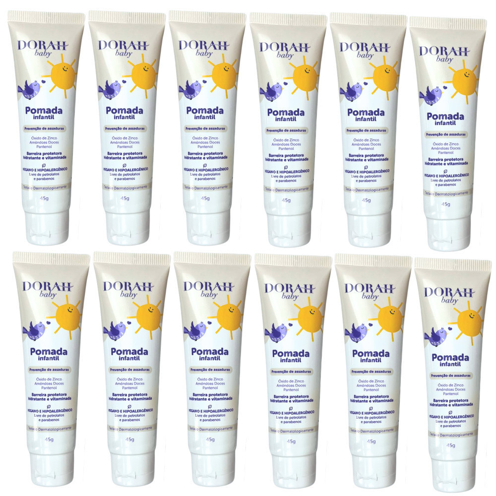 Kit 12x Dorah Baby Pomada para Assaduras 45g – Fórmula com Óxido de Zinco e Pantenol - Textura fácil de espalhar