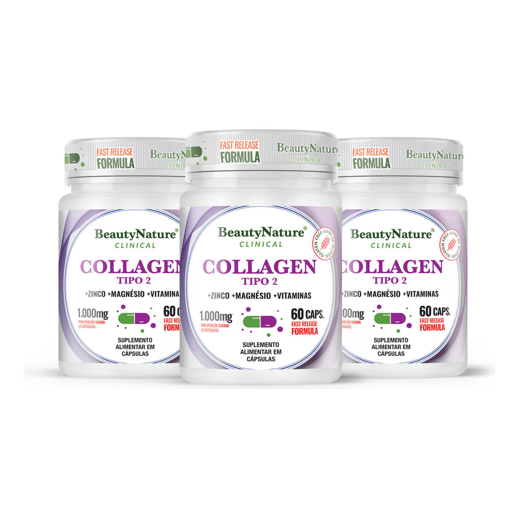 Kit 3x Collagen Tipo 2 1000mg 60caps Beauty Nature Articular Sem Sabor