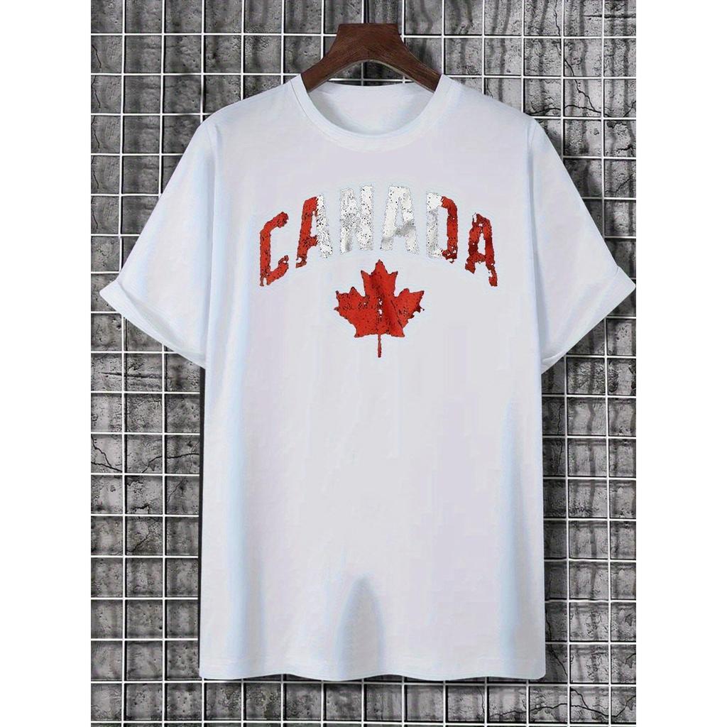 Camiseta Masculina com Estampa de Folha do Bordo Canadense, Gola Redonda e Manga Curta Casual em Mistura Elastano para V