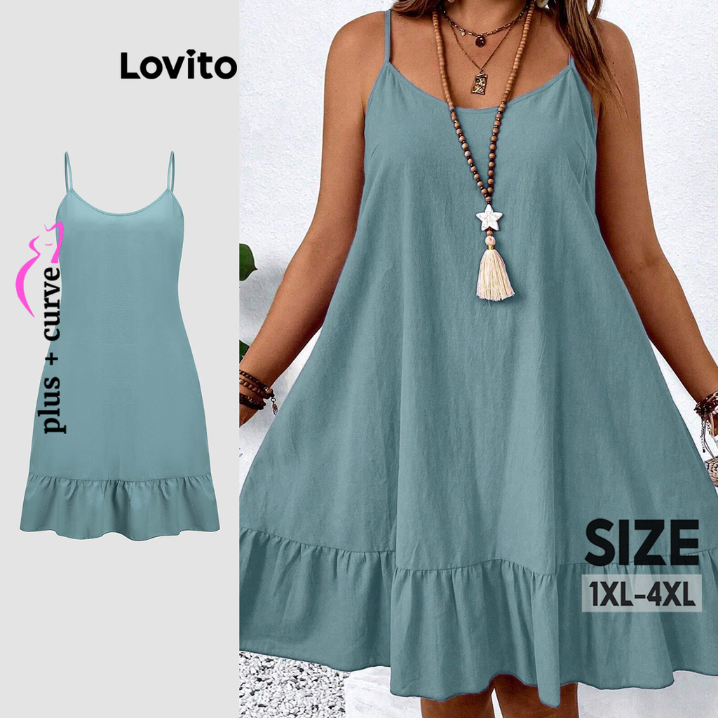 Lovito Vestido Curva Plus Size Casual Com Babados Lisos Para Mulheres LBL18844 em Oferta na Shopee