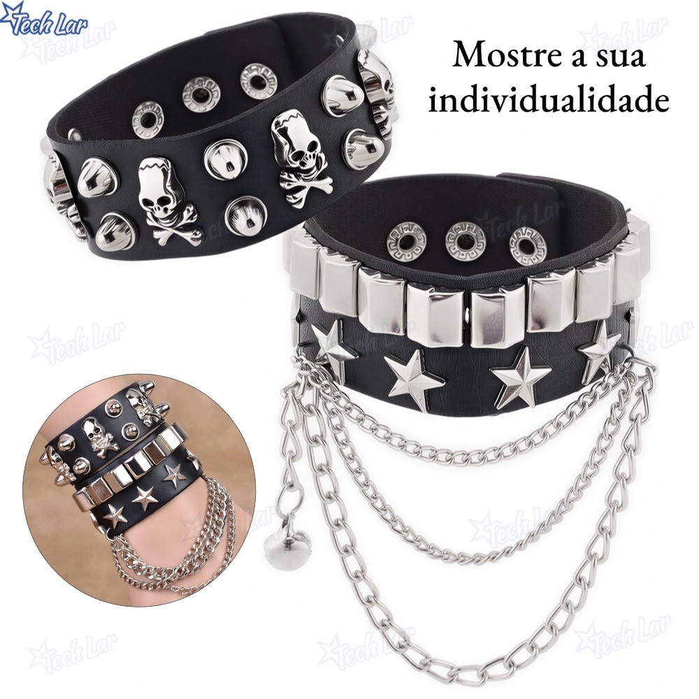 Pulseira Punk Com Punho De Couro Para Mulheres E Homens , Hip Hop , Multicamadas , Larga , Estilo Rua-TL