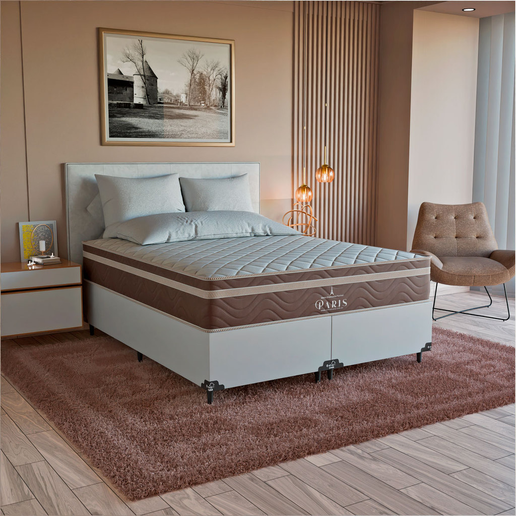 Cama Box Casal Bipartido + Colchão Paris Molas Marrom