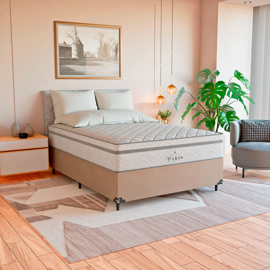 Cama Box Viúva Bege + Colchão Paris Molas Ensacadas Branco