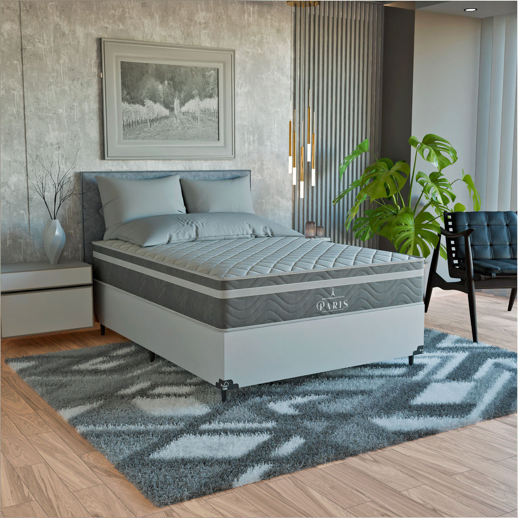 Cama Box Viúva Branco + Colchão Paris Molas Ensacadas Cinza