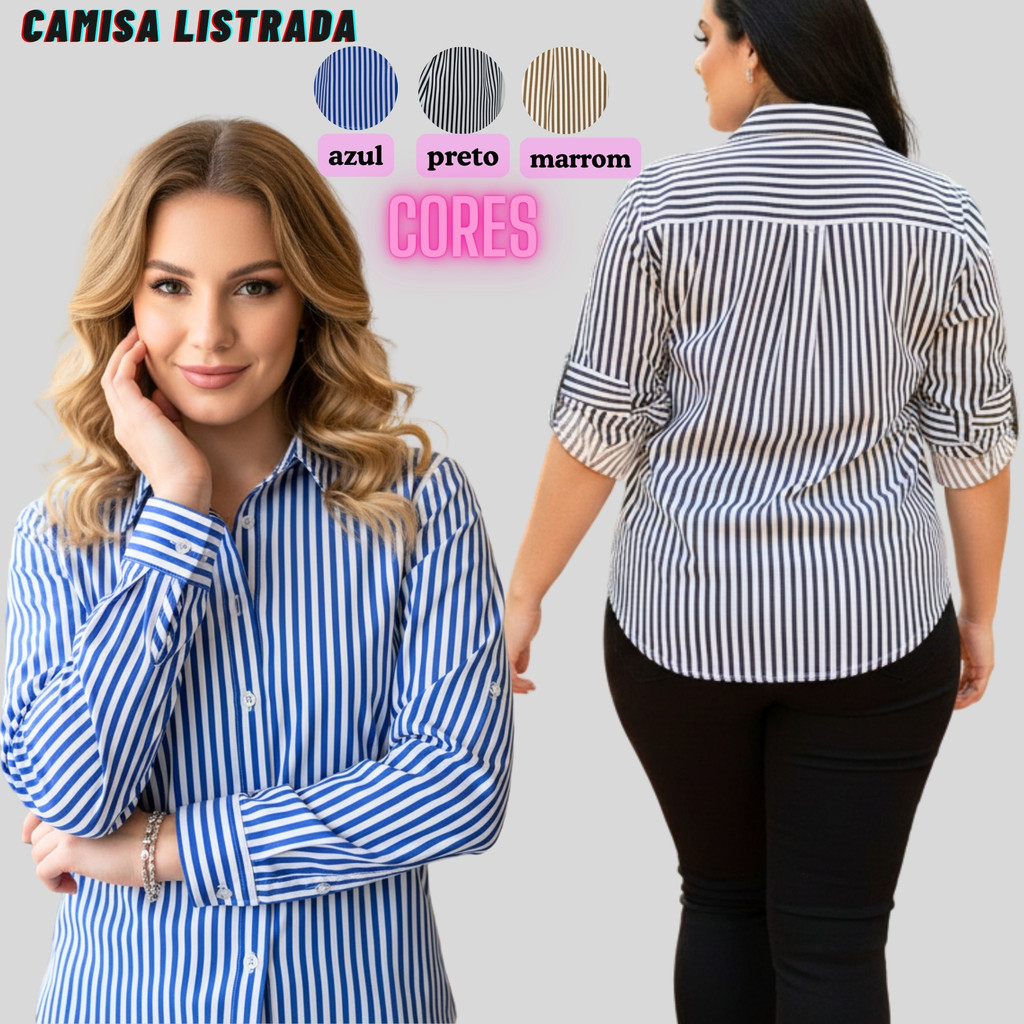 Camisa Social Listrada Feminina Crepinho Plus Size Do PP ao G3 Moda Feminina Envio Rápido em Oferta na Shopee
