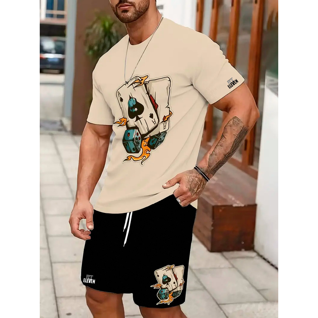 Camisa Kit Camiseta Masculina 100% Algodão + Bermuda Moletom Lançamento Estampada Cartas  Confortavel Diversas cores Uni